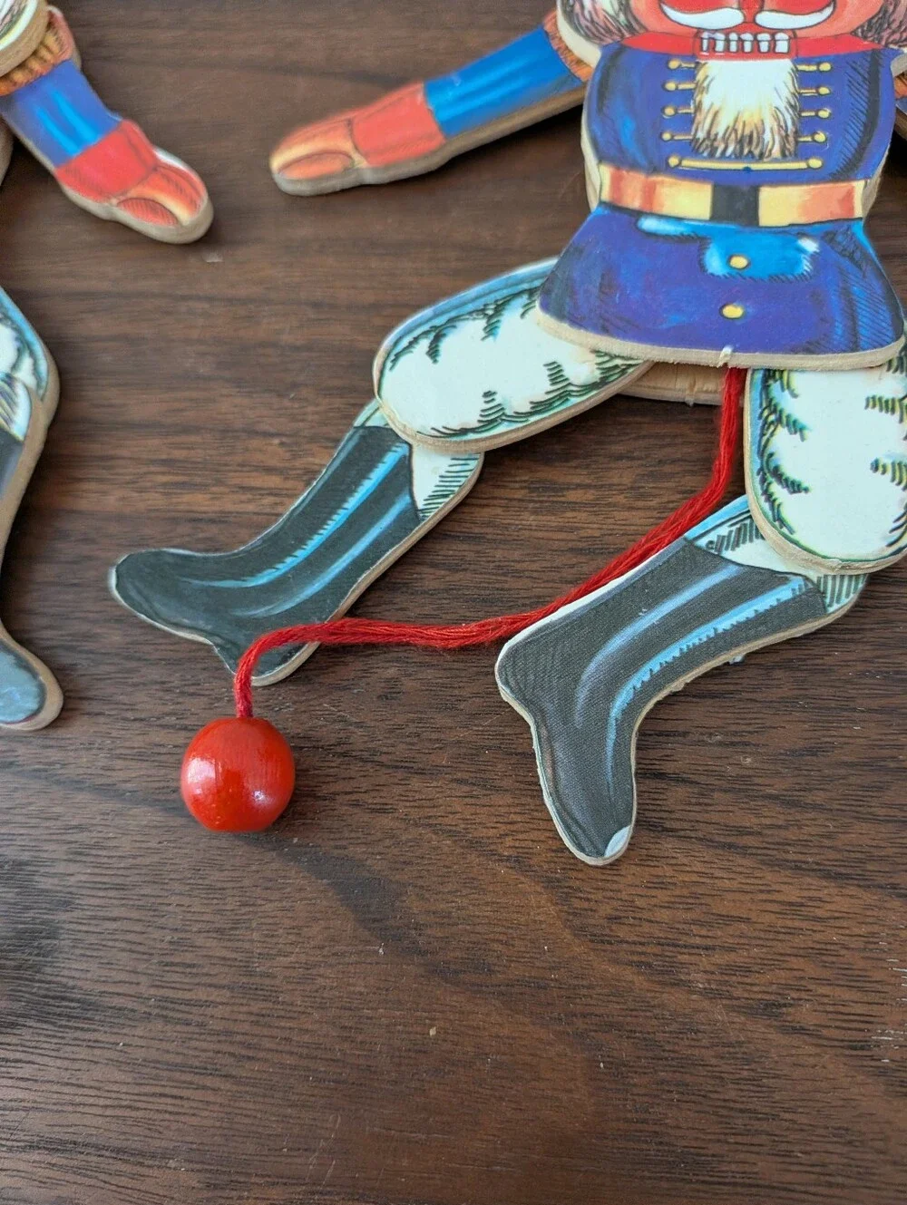 2 Vintage Christmas Nutcracker Pull String Jumping Jack Wooden Puppet Ornaments